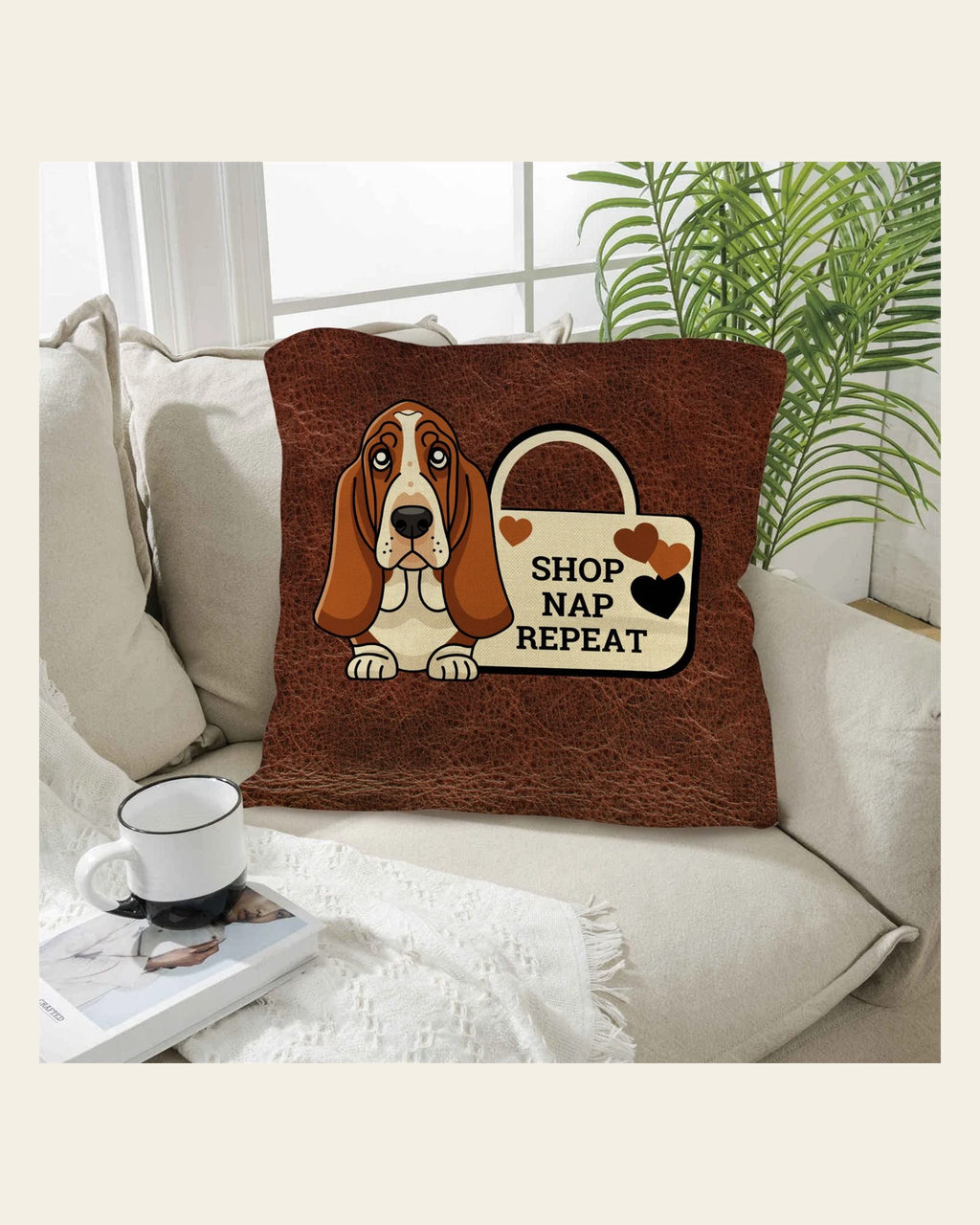 Baha Ranch Basset Hound Shop Nap Repeat Pillow Case Made in America on a warm cream background