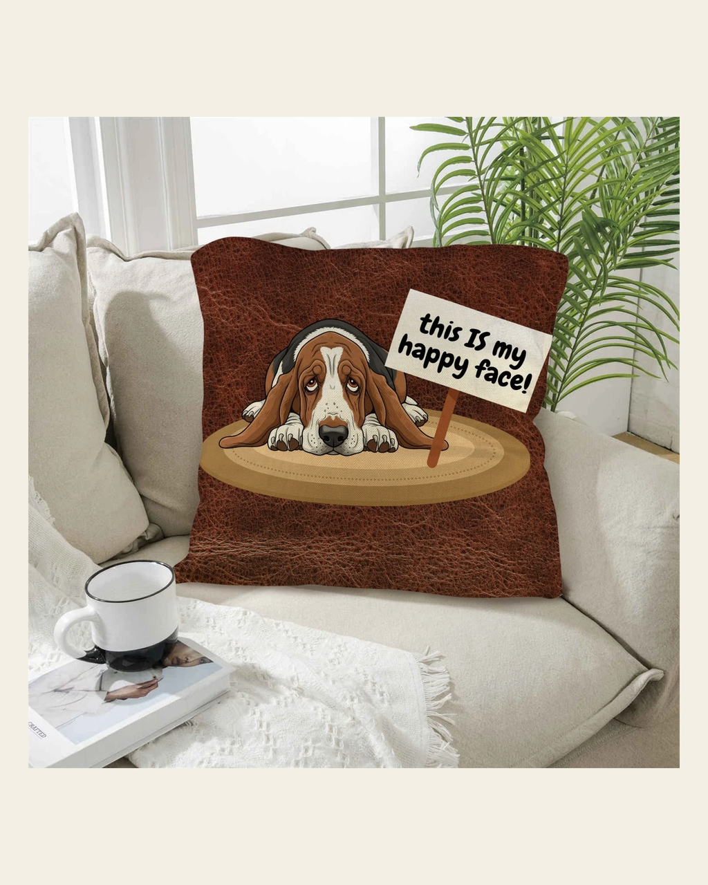 Baha Ranch Basset Hound This is My Happy Face Throw Pillow Case Made in America on a warm cream background