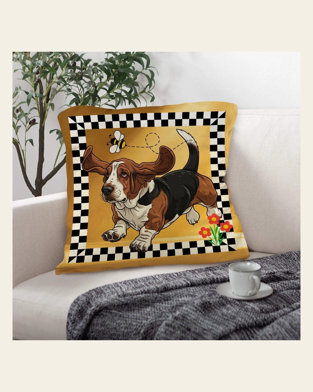 Baha Ranch Basset Hound Throw Pillow Case Made in America on a warm cream background