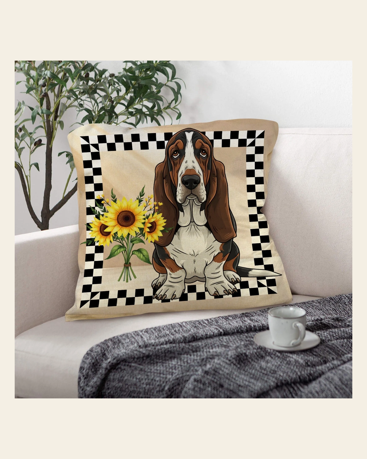 Baha Ranch Basset Hound Throw Pillow Case Made in America on a warm cream background