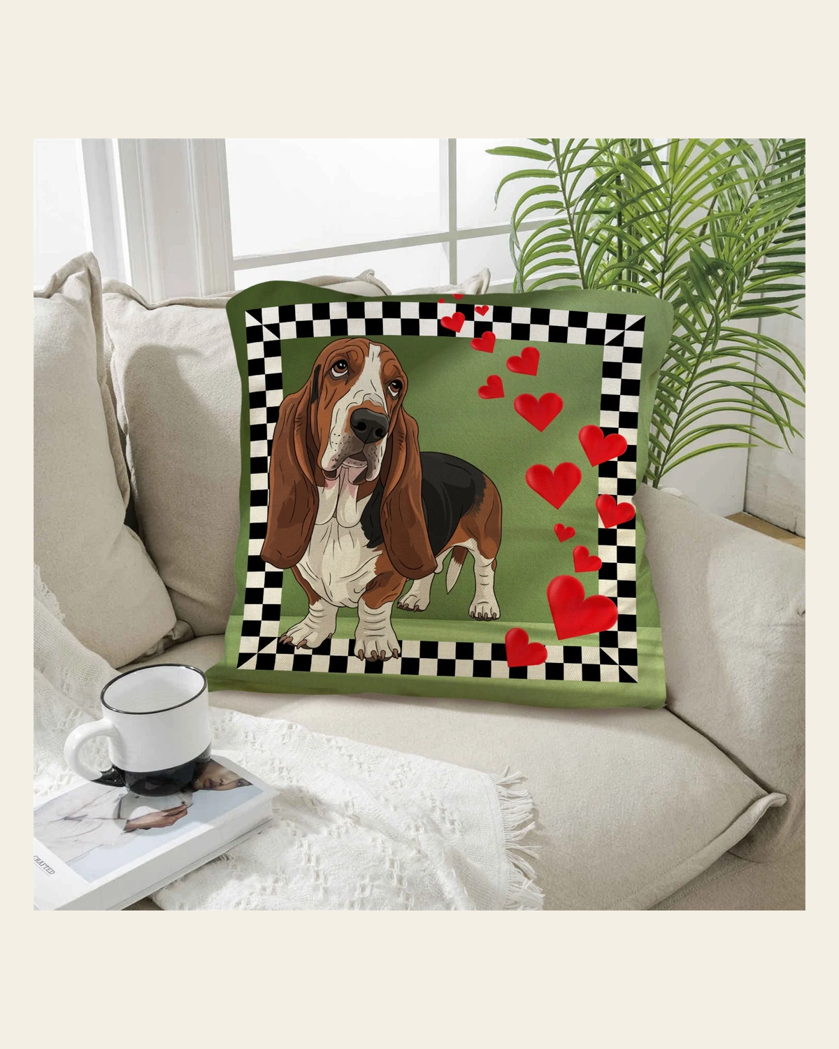 Baha Ranch Basset Hound Throw Pillow Case Made in America on a warm cream background