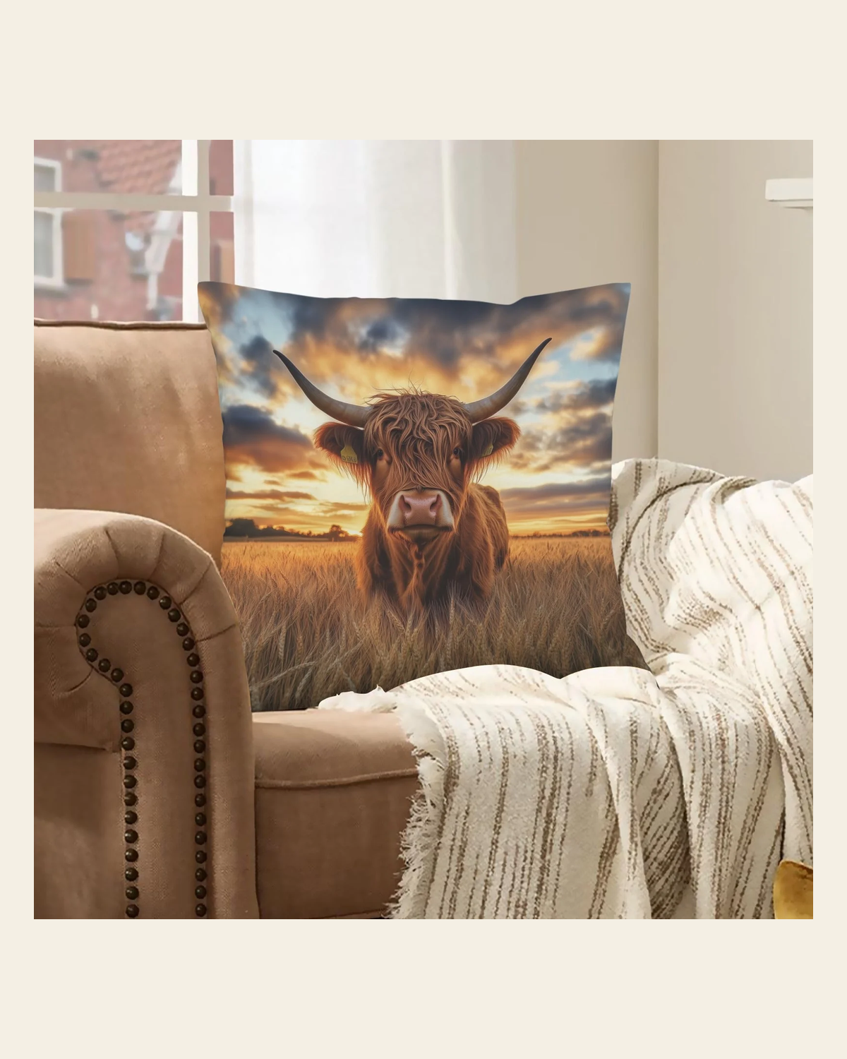 Baha Ranch Beautiful Highland Velvety Soft Pillow Cover Made in America on a warm cream background