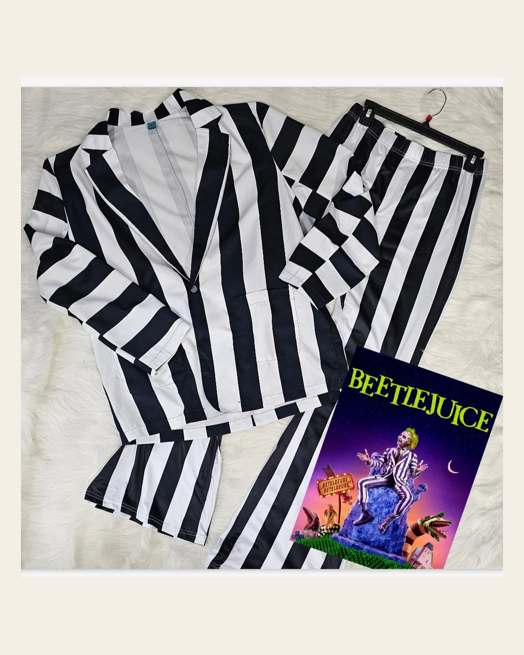 Baha Ranch BeetleJuice Prison Stripe Blazer Women's on a warm cream background