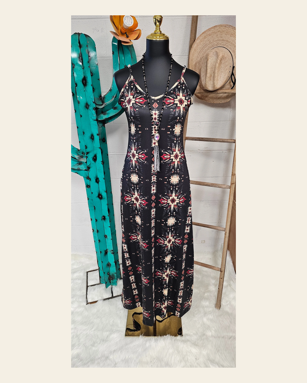 Baha Ranch Black and Tan Southwestern Aztec Western Maxi Dress on a warm cream background