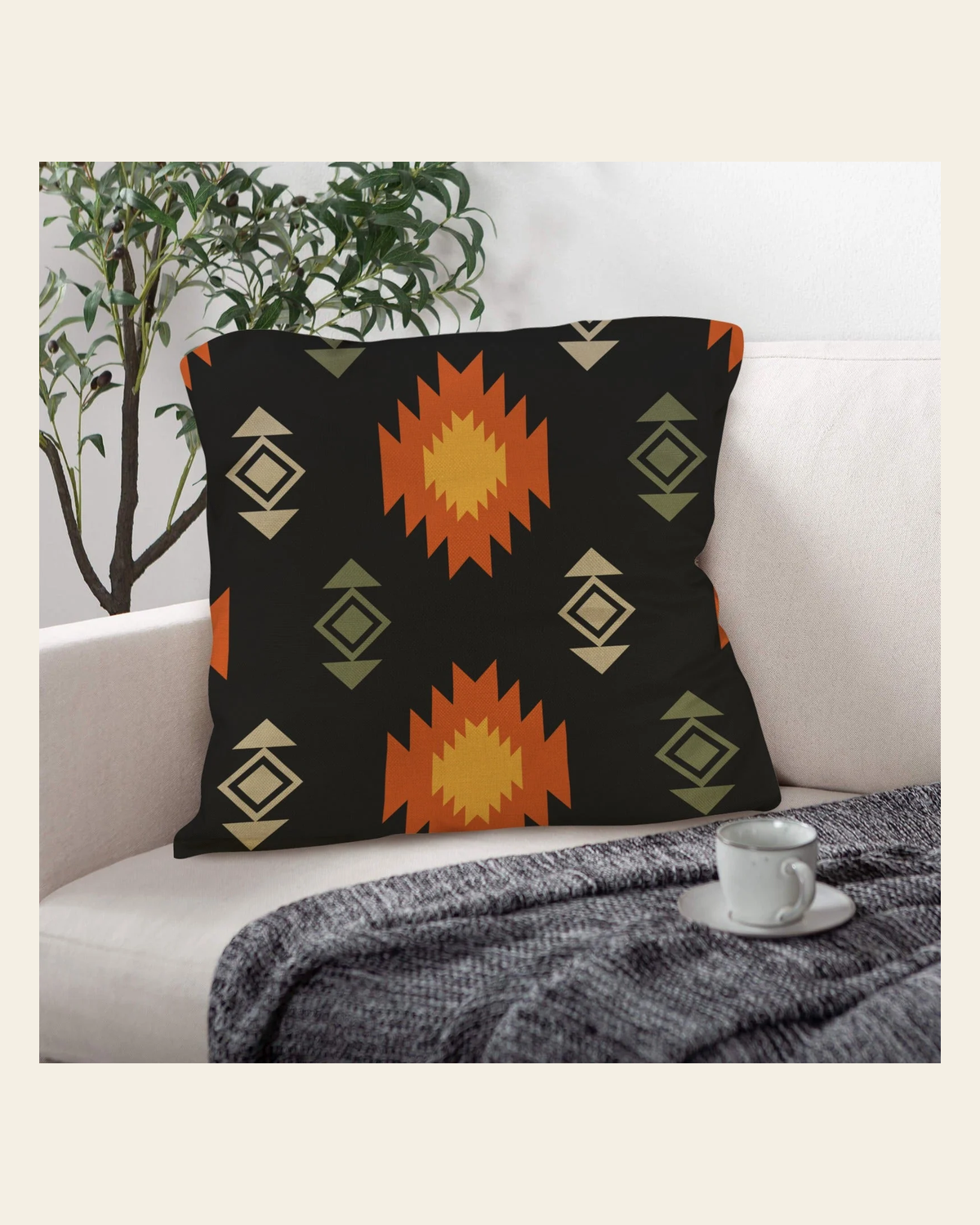 Baha Ranch Black Aztec Pillow Case Made in America on a warm cream background