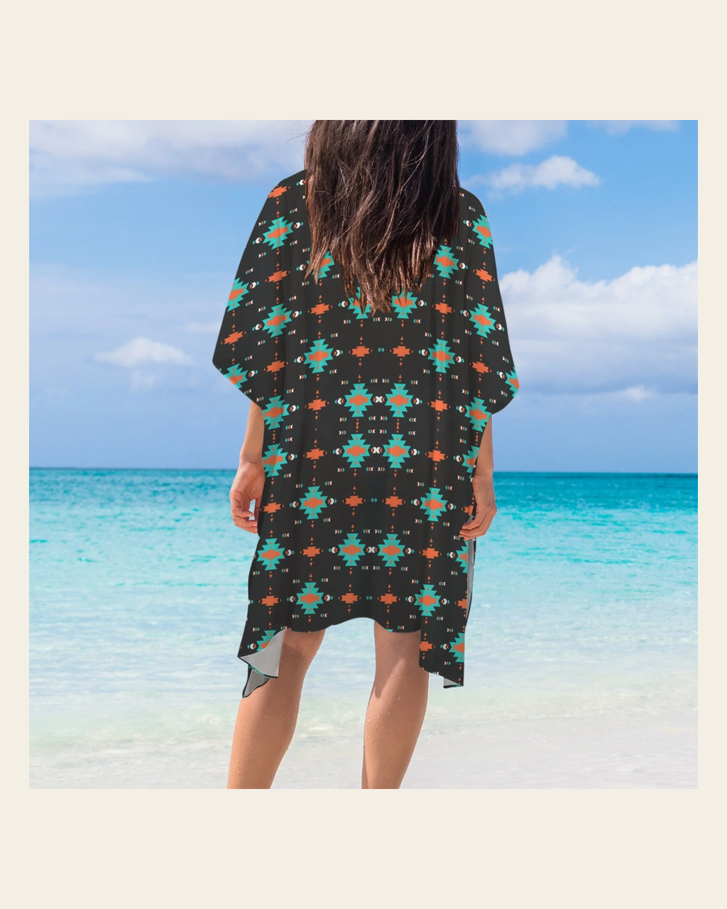 Baha Ranch Black Turquoise Orange Aztec Duster Kimono Coverup on a warm cream background