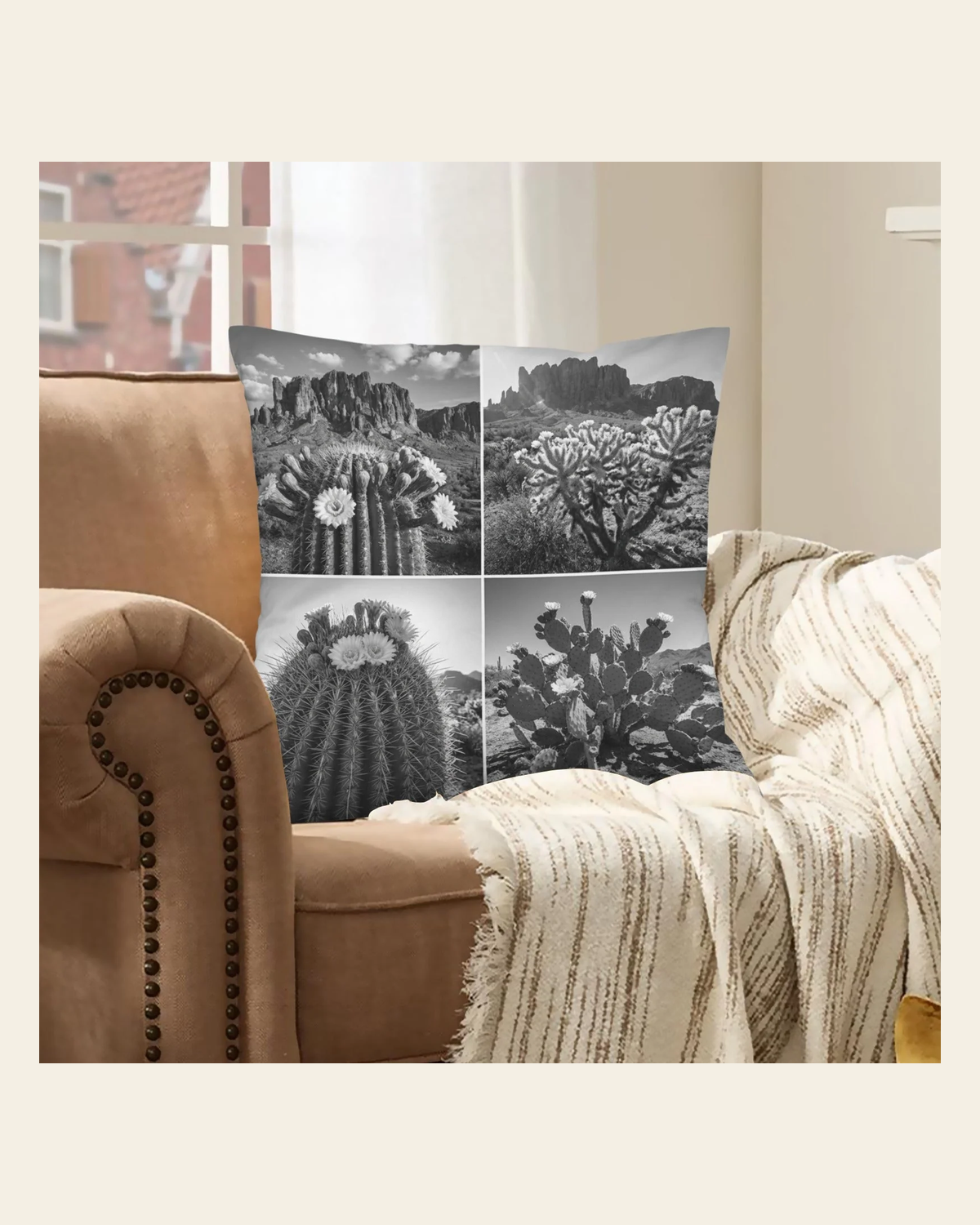 Baha Ranch Black White Cactus Velvety Soft Pillow Case Made in America on a warm cream background