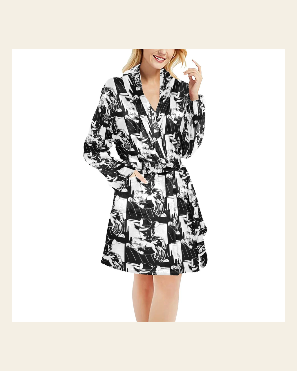 Baha Ranch Black White Cowboy Bath Robe on a warm cream background