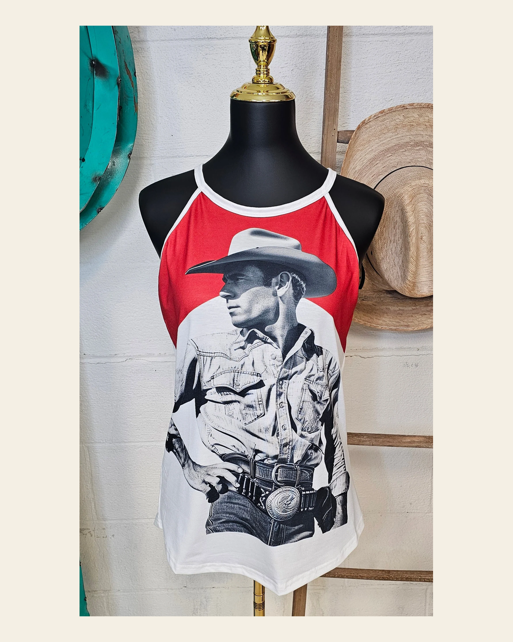 Baha Ranch Black White Cowboy Vintage Tank Top on a warm cream background