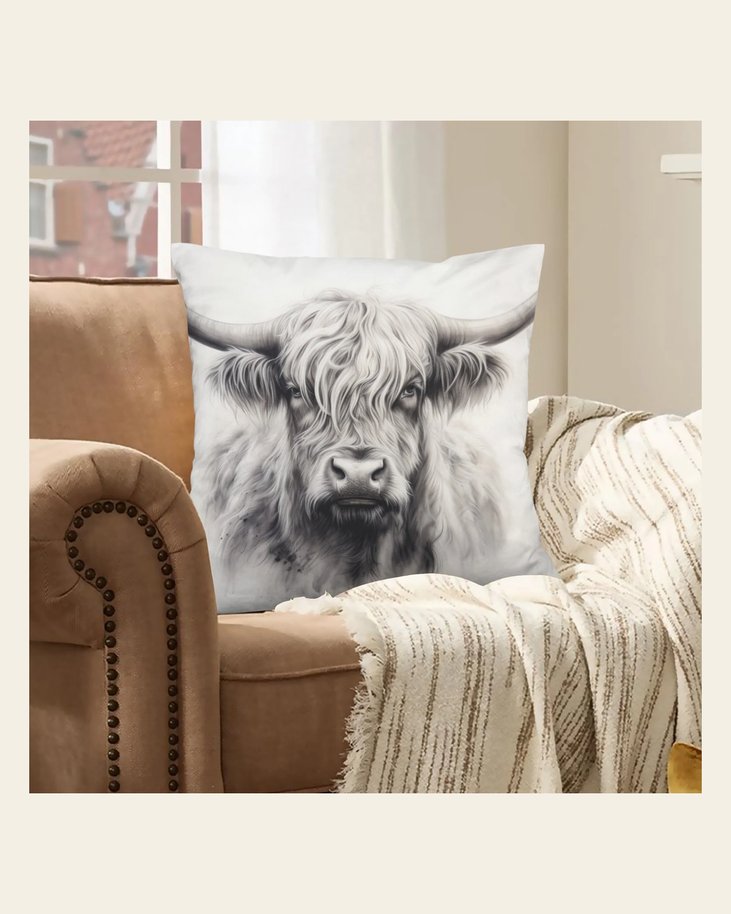 Baha Ranch Black White Highland Velvety Soft Pillow Cover Made in America on a warm cream background