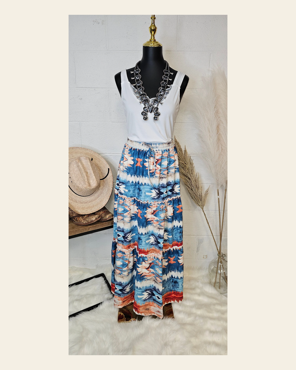 Baha Ranch Blue Aztec Western Prairie Tiered Maxi Skirt on a warm cream background