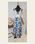 Baha Ranch Blue Aztec Western Prairie Tiered Maxi Skirt on a warm cream background