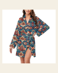 Baha Ranch Blue Aztec Women's Long Sleeve Belted Satin Feel Dressing Lounge Robe on a warm cream background