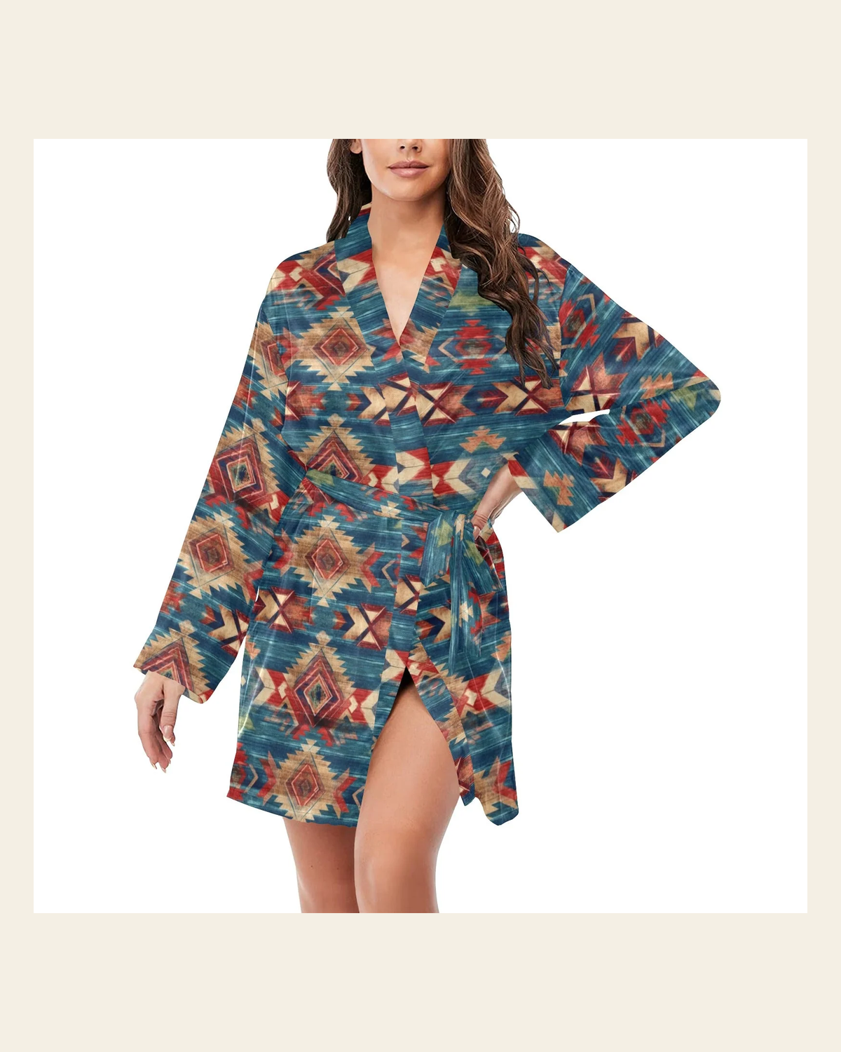 Baha Ranch Blue Aztec Women's Long Sleeve Belted Satin Feel Dressing Lounge Robe on a warm cream background