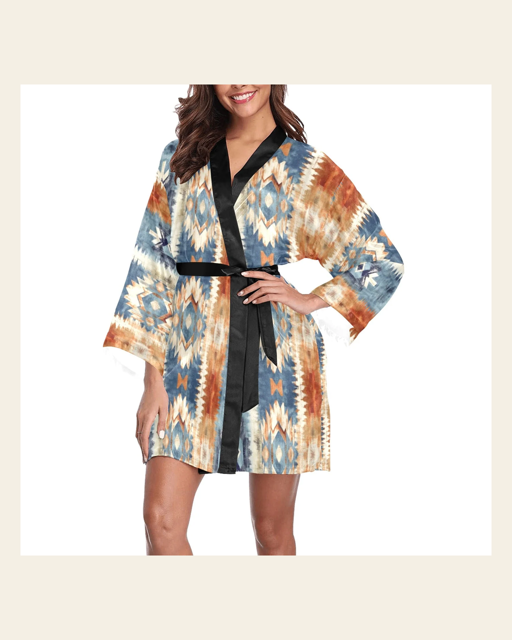 Baha Ranch Blue Aztec Women's Lounge Kimono Robe on a warm cream background