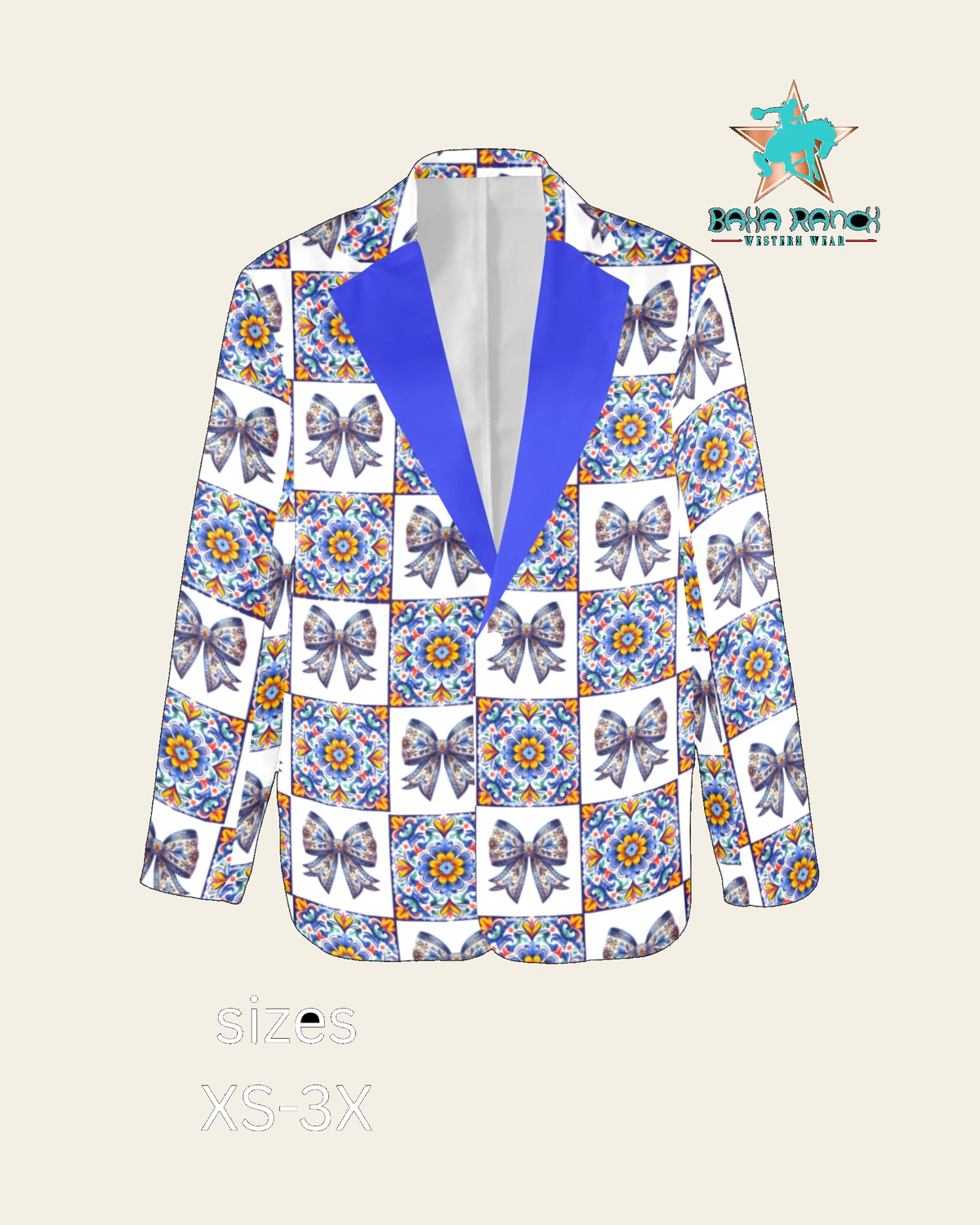 Baha Ranch Blue Bow Talavera Floral Blazer on a warm cream background