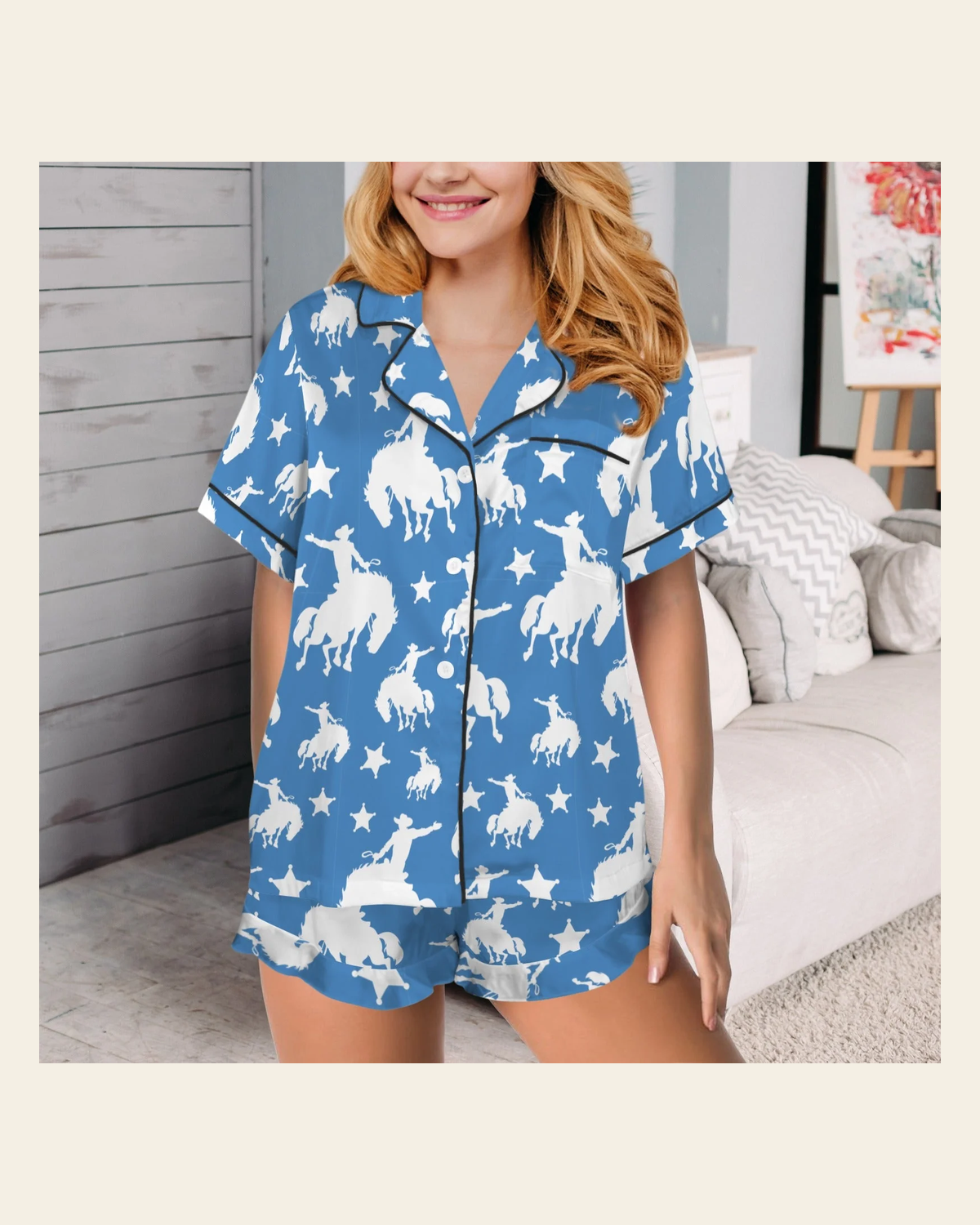 Baha Ranch Blue Bronc Satin Ruffle Hem Pajama set on a warm cream background