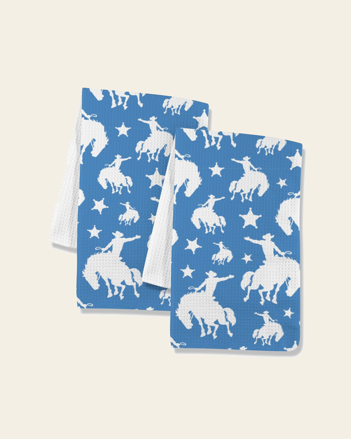 Baha Ranch Blue Rodeo Cowboy Set of 2 Dish Towels Made in America on a warm cream background