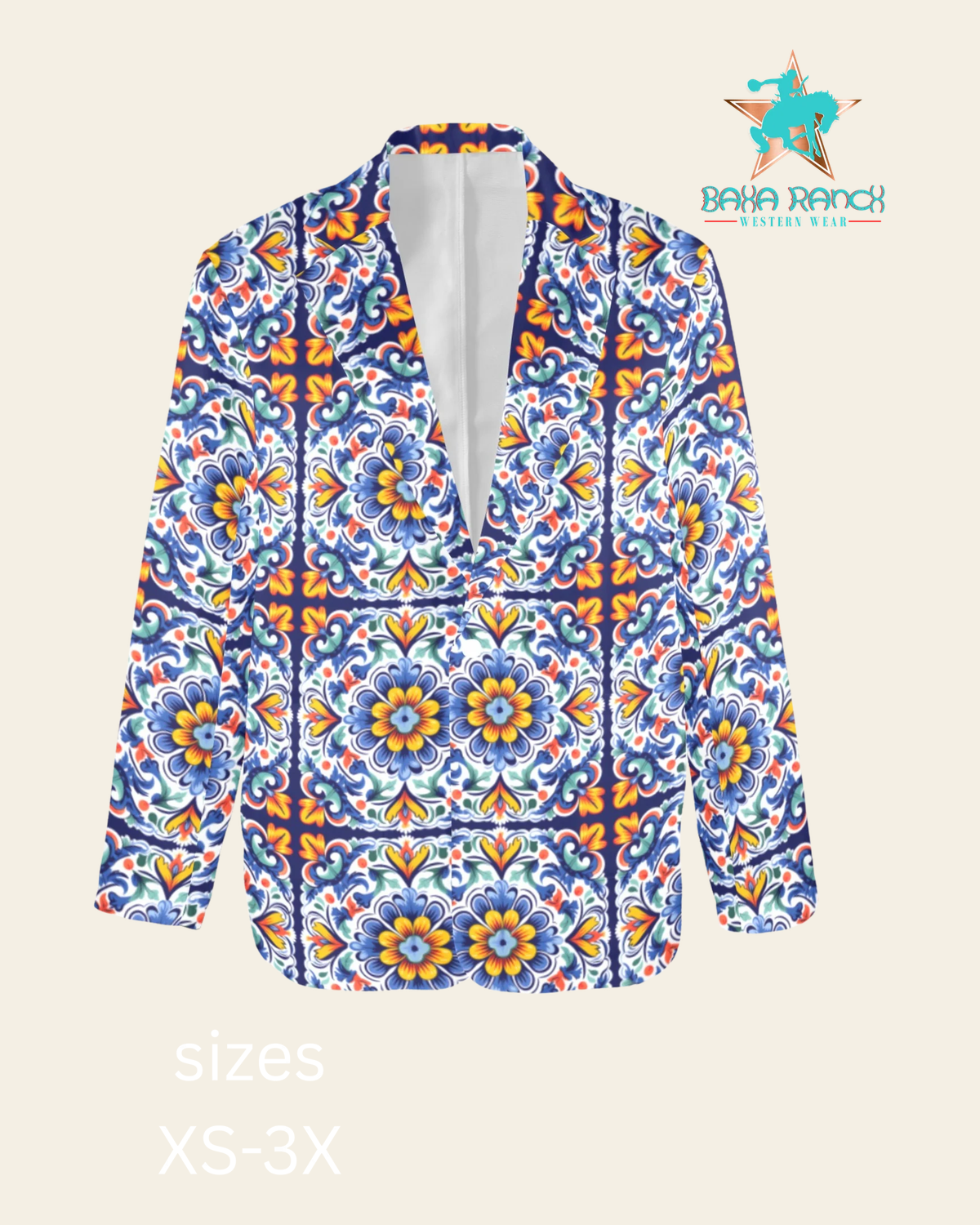 Baha Ranch Blues Talavera Women's Blazer on a warm cream background