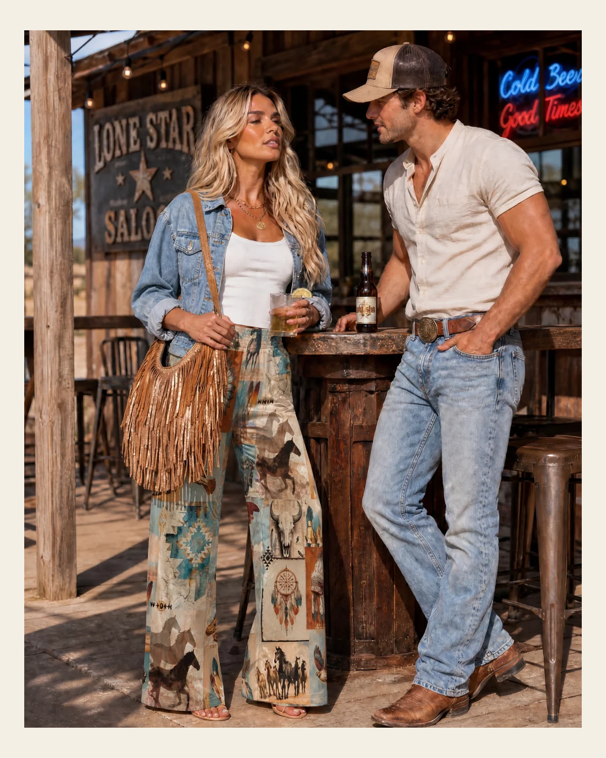 Baha Ranch Bohemian Dreams High Waisted Wide Leg Pants Inclusive Sizing on a warm cream background