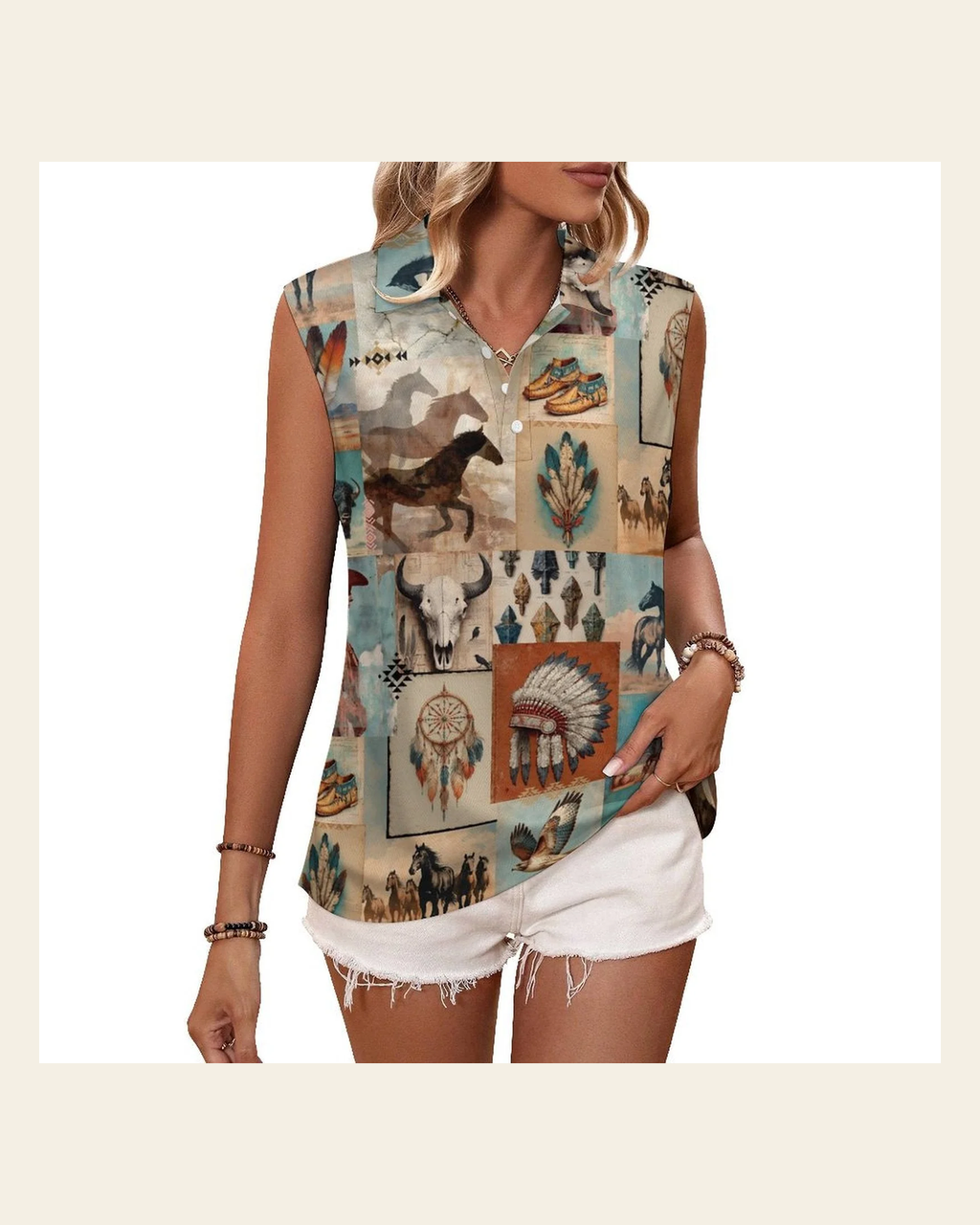 Baha Ranch Bohemian Dreams Sleeveless Polo Tank Top on a warm cream background