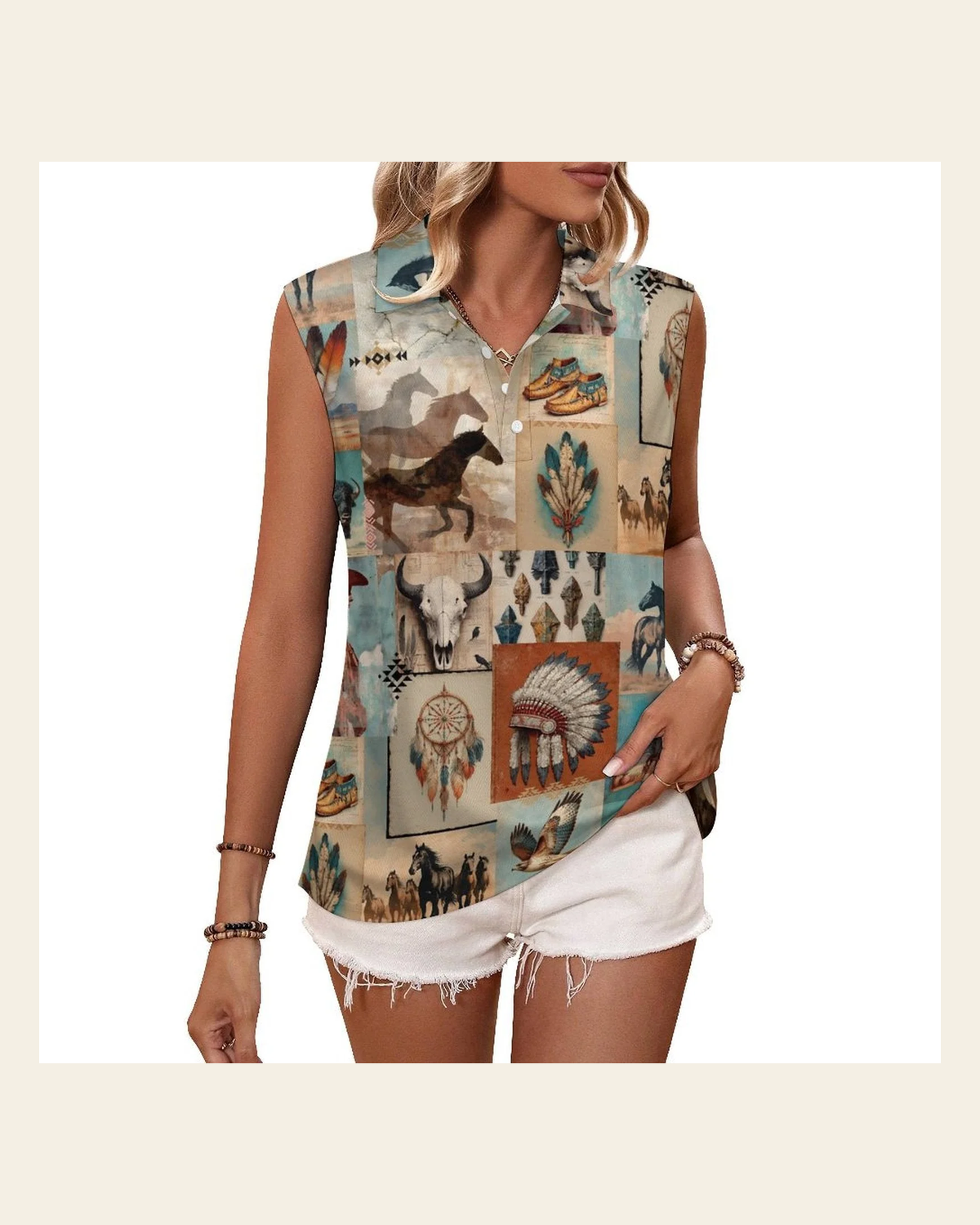 Baha Ranch Bohemian Dreams Sleeveless Polo Tank Top on a warm cream background