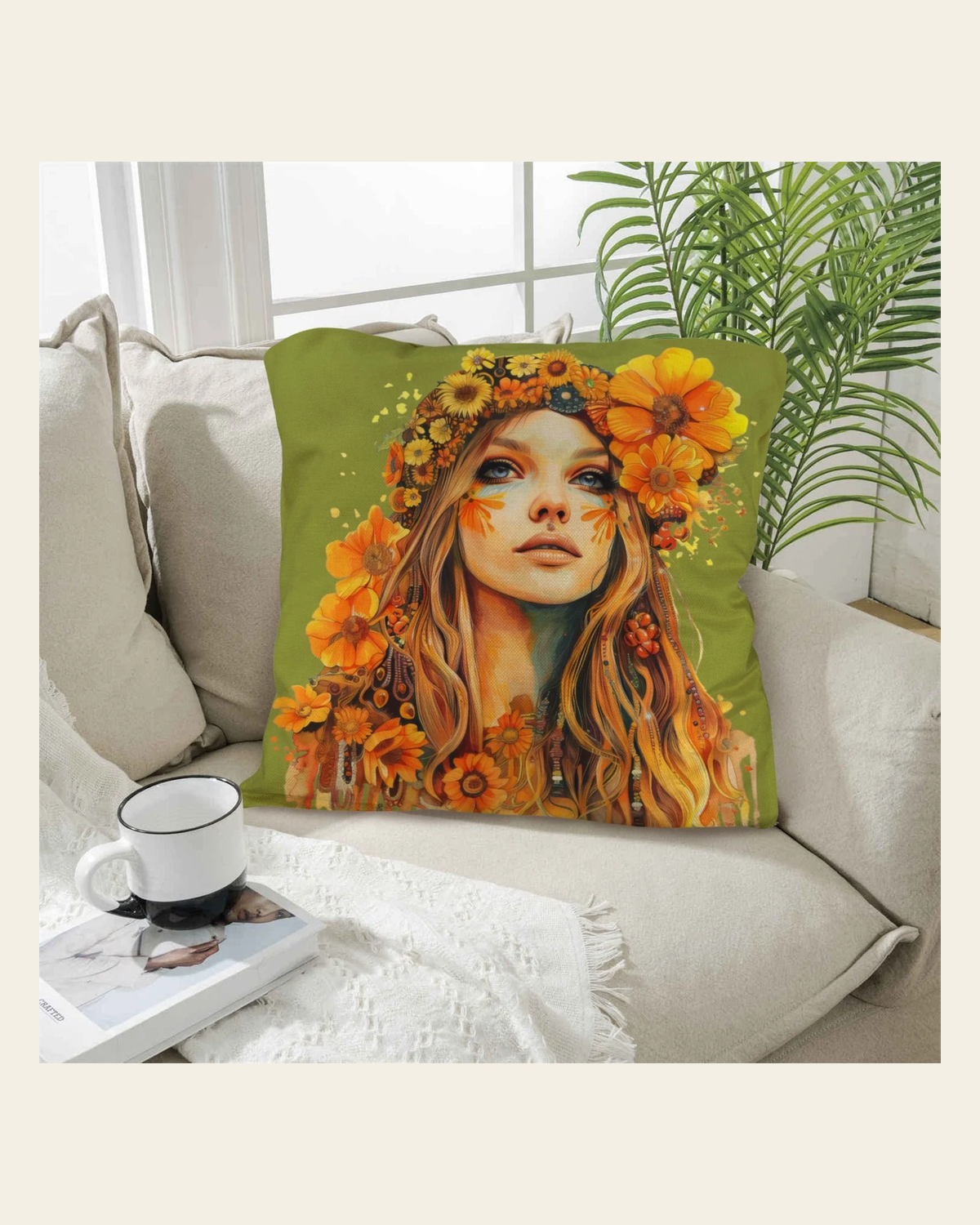 Baha Ranch Boho Girl Pillow Case Made in America on a warm cream background