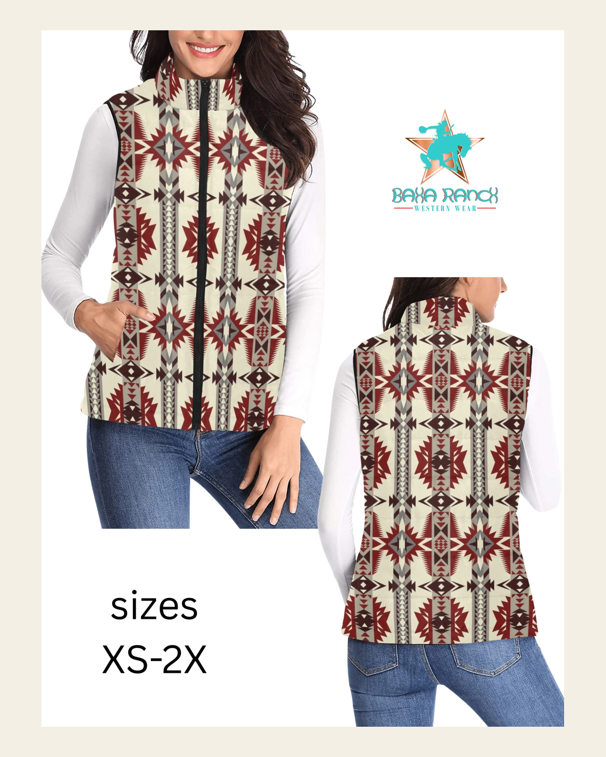 Baha Ranch Bold Aztec Puffy Vest on a warm cream background