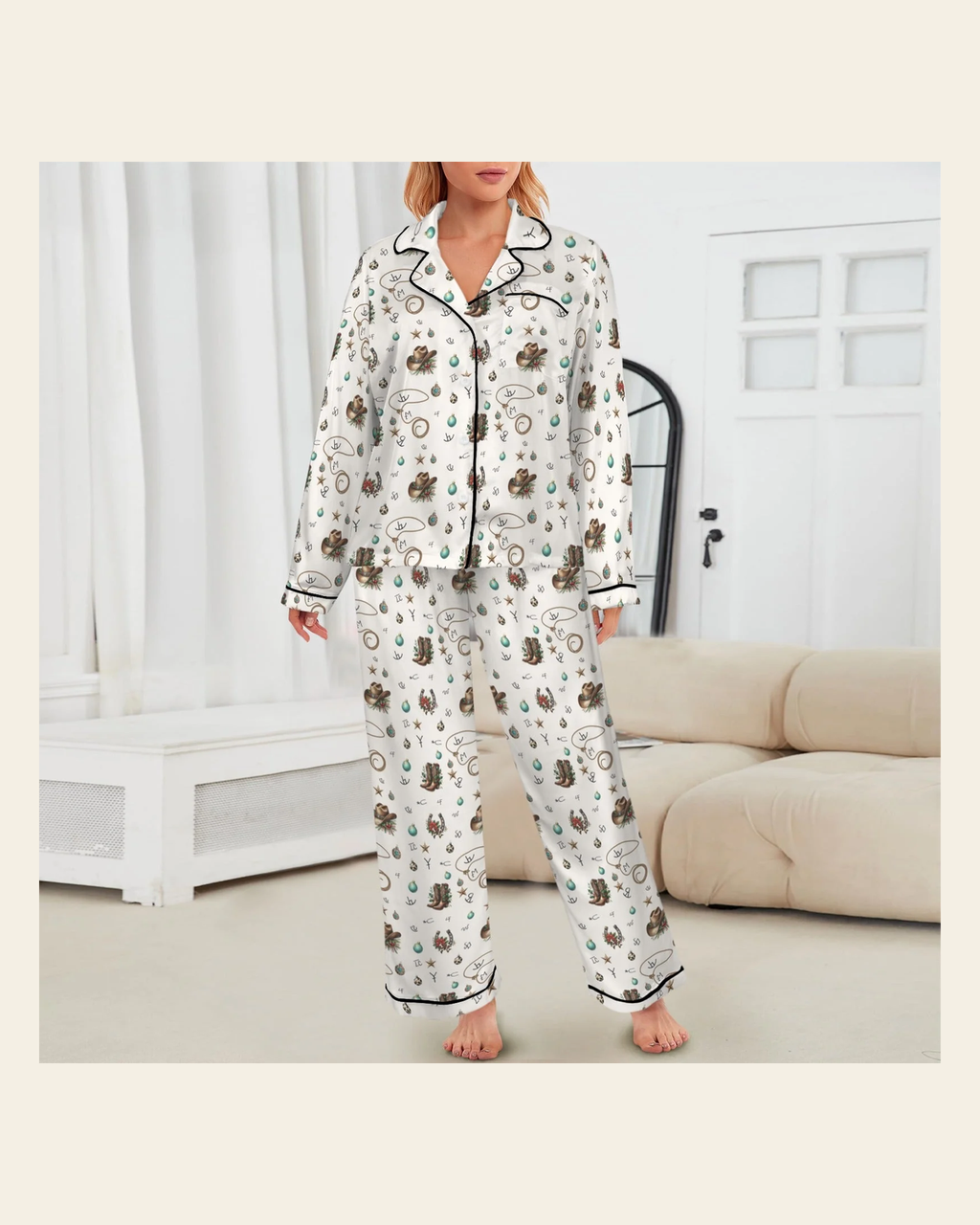 Baha Ranch Boots and Brands Western Christmas Long Satin Pajamas on a warm cream background