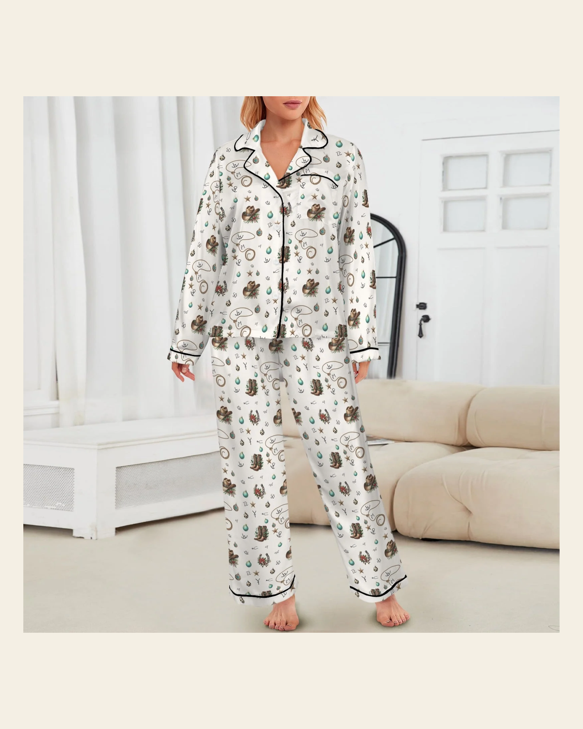 Baha Ranch Boots and Brands Western Christmas Long Satin Pajamas on a warm cream background