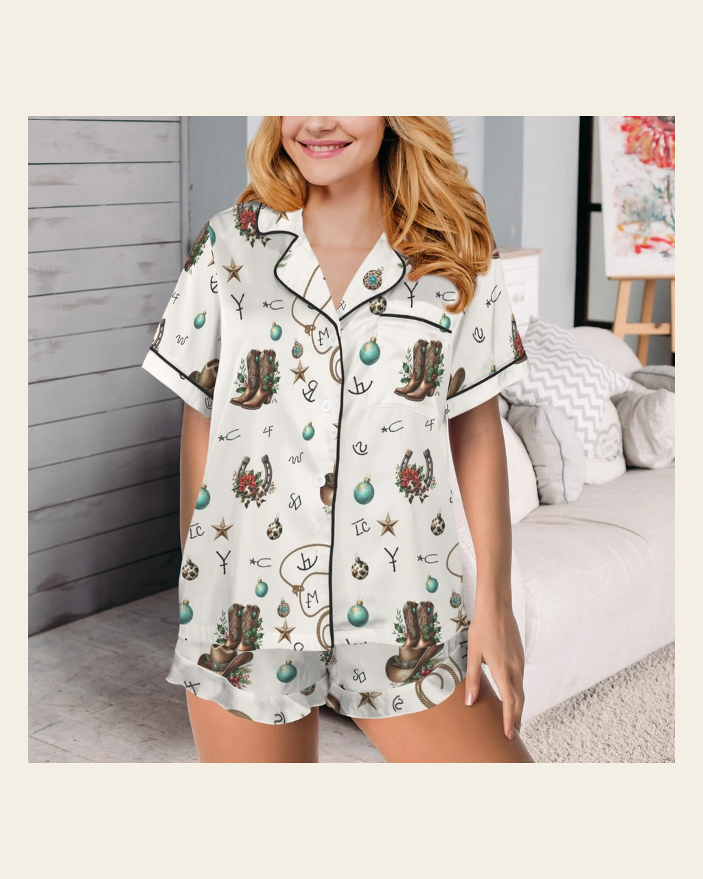 Baha Ranch Boots and Brands Western Cowgirl Cowboy Satin Short Pajama Sets on a warm cream background