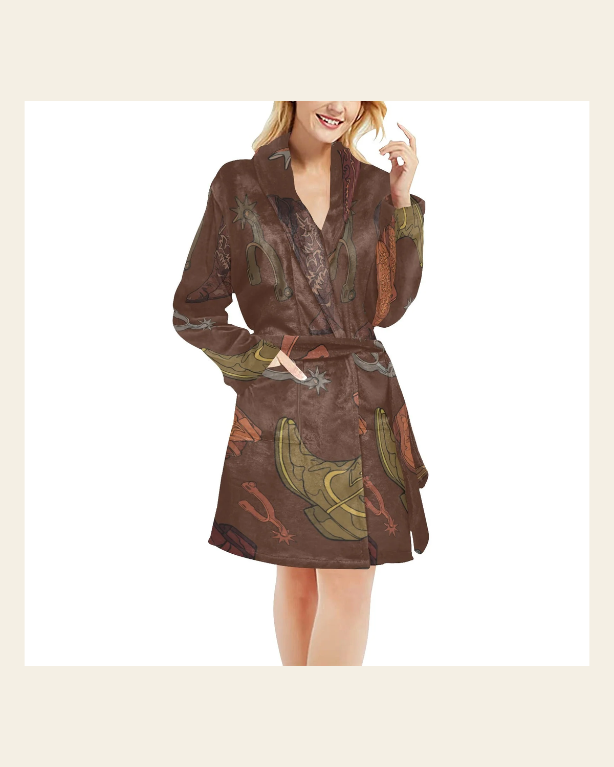 Baha Ranch Boots and Spurs Women's Western Bath Robe on a warm cream background