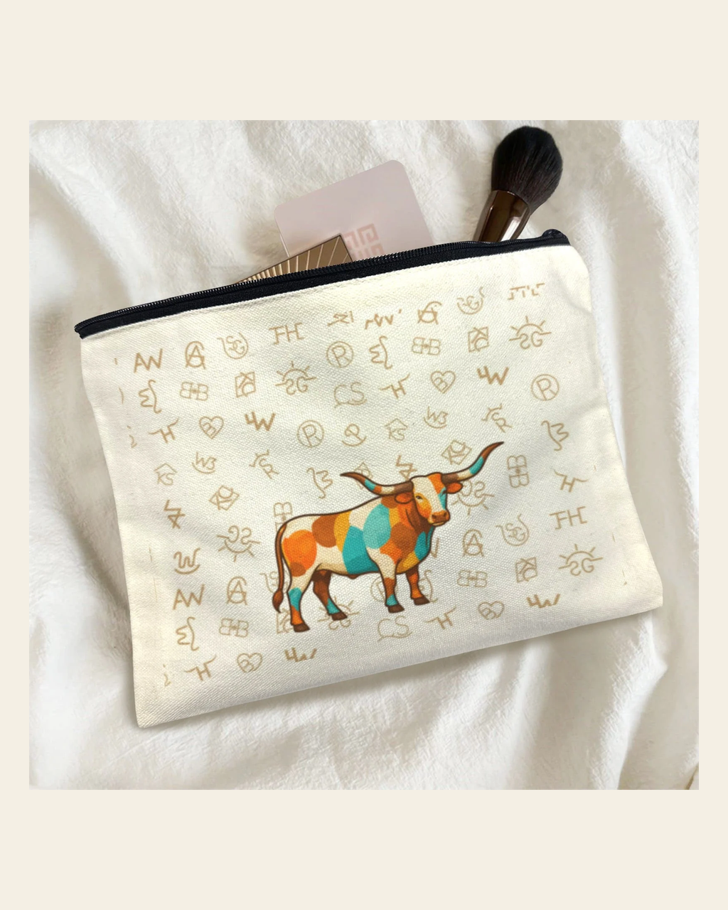 Baha Ranch Brand Longhorn Pack of 5 bags Cosmetic Bag Made in America on a warm cream background