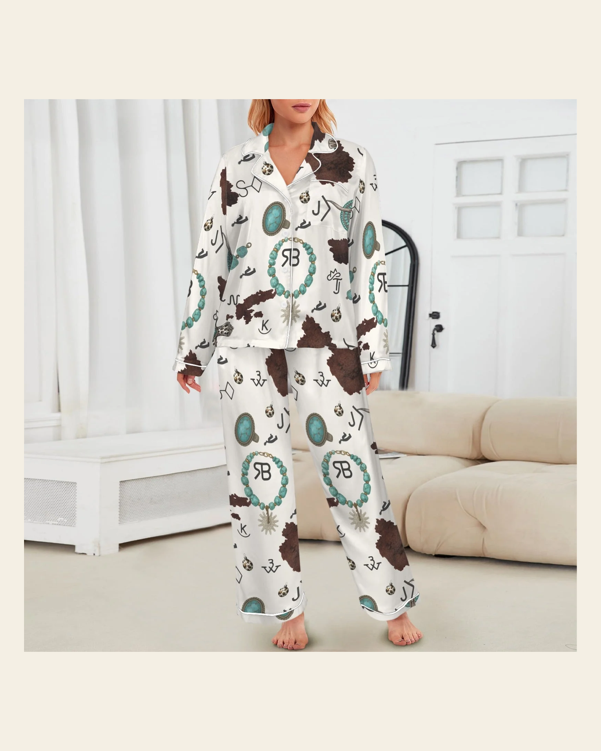 Baha Ranch Brands & Turquoise Cowgirl Christmas Western Cowprint Satin Pajamas on a warm cream background