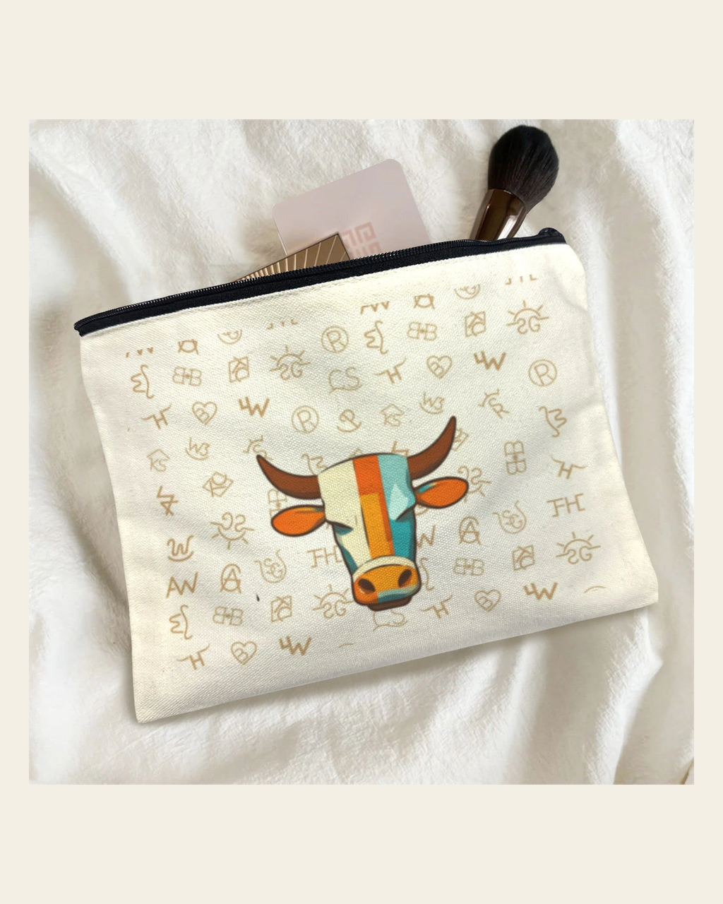Baha Ranch Brands with Steer pack of 5 bags Cosmetic Bag Made in America on a warm cream background