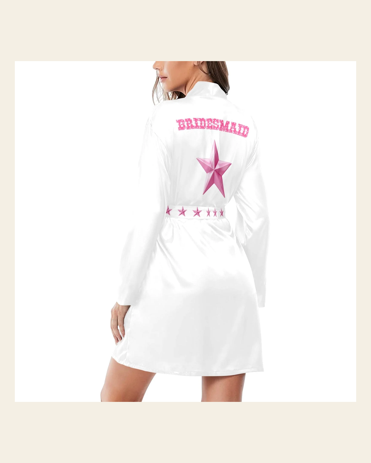 Baha Ranch Bridesmaid Women's Long Sleeve Belted Satin Feel Dressing Lounge Robe on a warm cream background