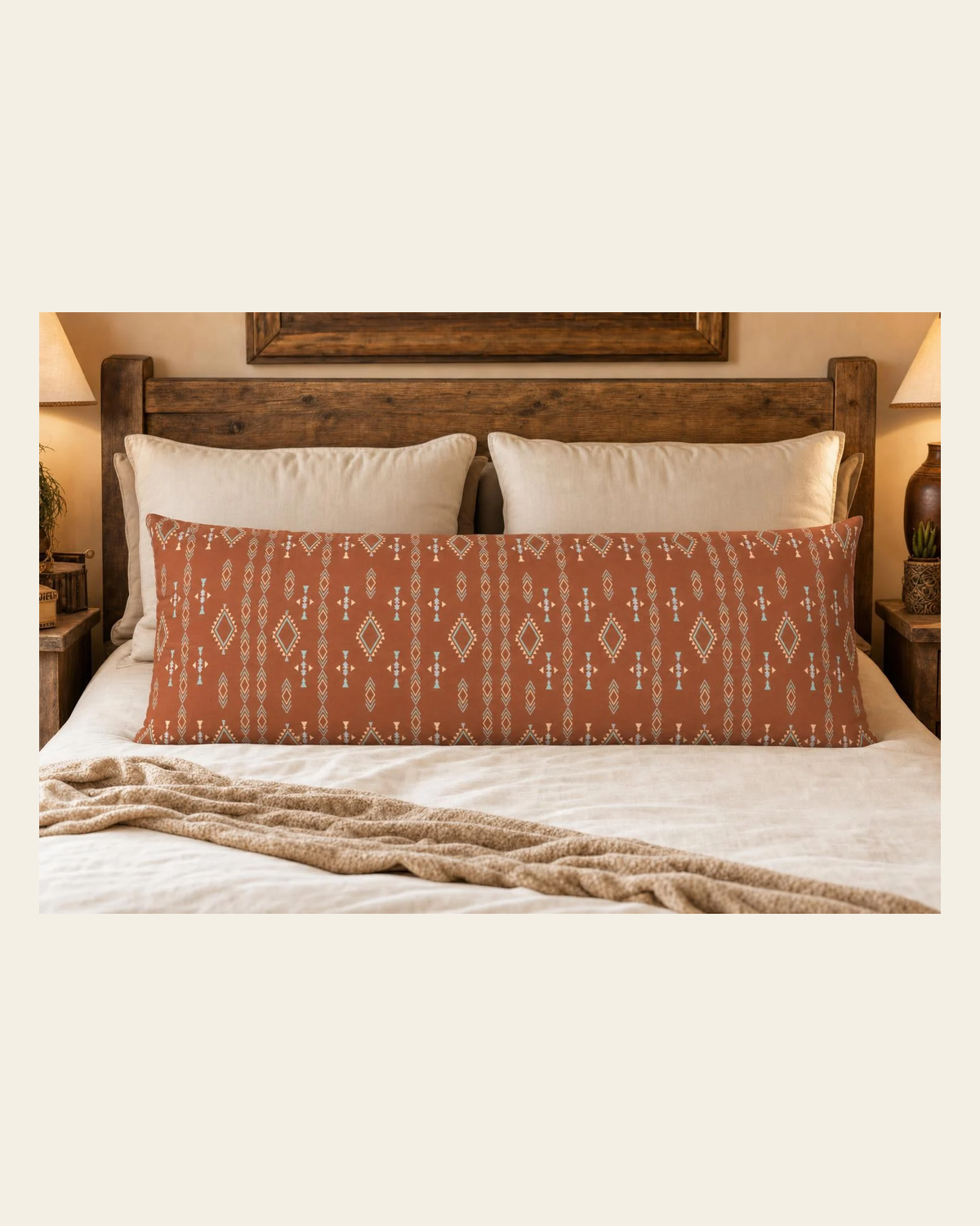 Baha Ranch Brown Aztec Body Pillow Cover Made in America on a warm cream background