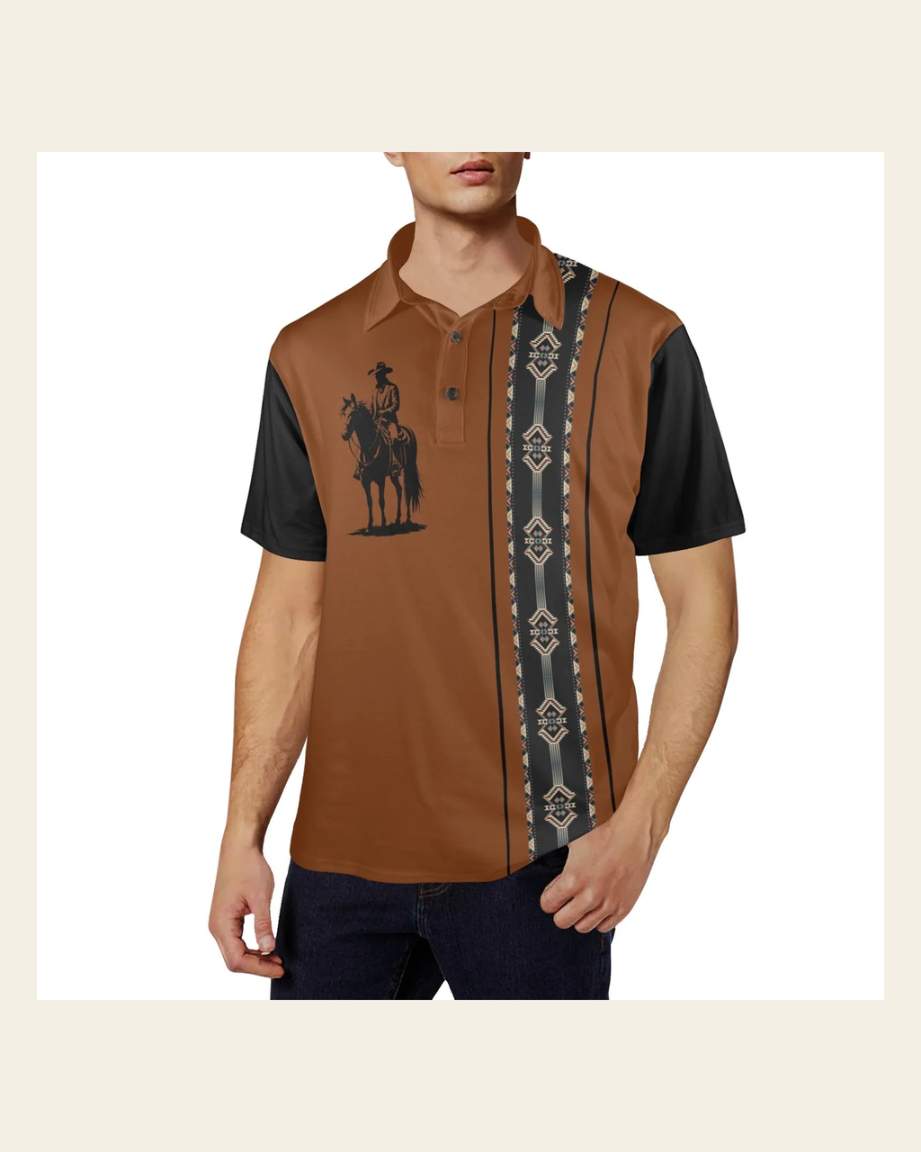 Baha Ranch Brown Aztec Cowboy Western Polo Shirt on a warm cream background