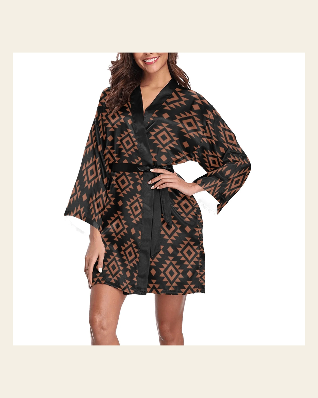 Baha Ranch Brown Black Aztec Women's Lounge Kimono Robe on a warm cream background