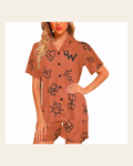 Baha Ranch Brown Cattle Brands Short Pajama Set on a warm cream background