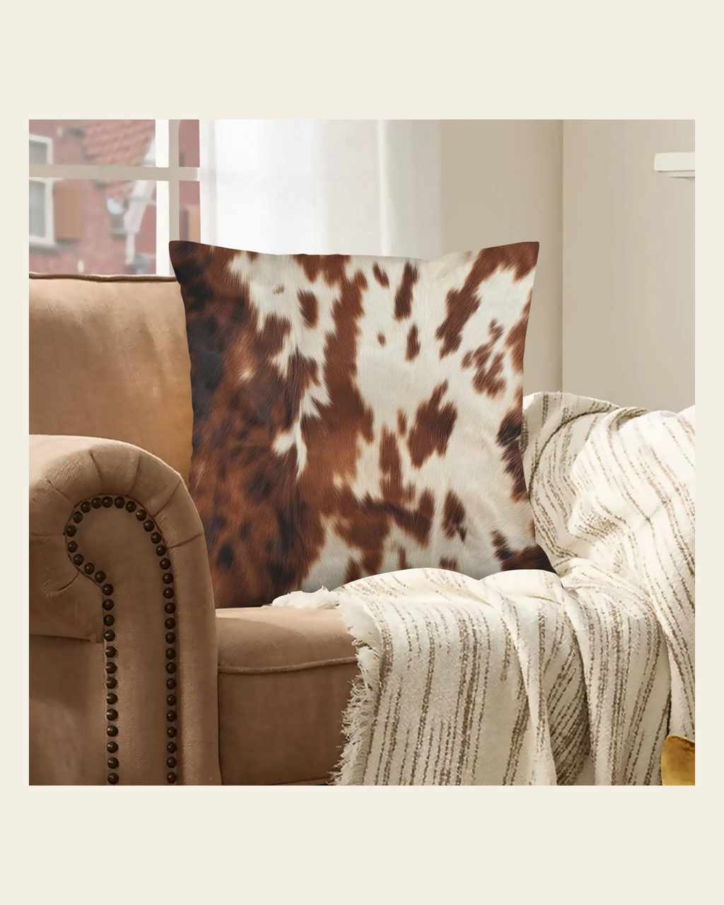 Baha Ranch Brown Cow Hide Print Velvety Soft Throw Pillow Case Made in America on a warm cream background