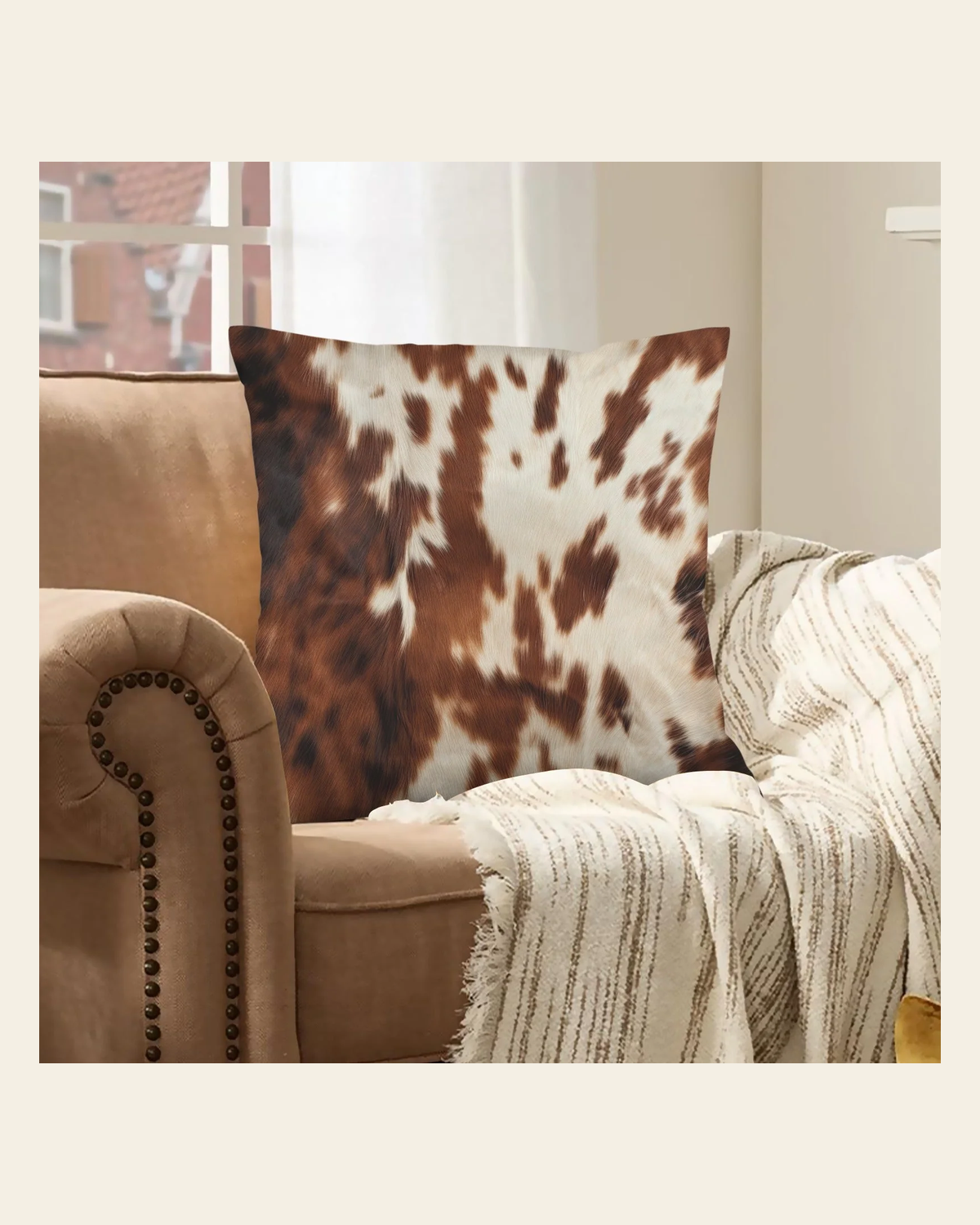 Baha Ranch Brown Cow Hide Print Velvety Soft Throw Pillow Case Made in America on a warm cream background