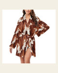 Baha Ranch Brown Cow Print Women's Long Sleeve Belted Satin Feel Dressing Lounge Robe on a warm cream background