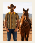 Baha Ranch Brown Gold Aztec Polo Shirt on a warm cream background