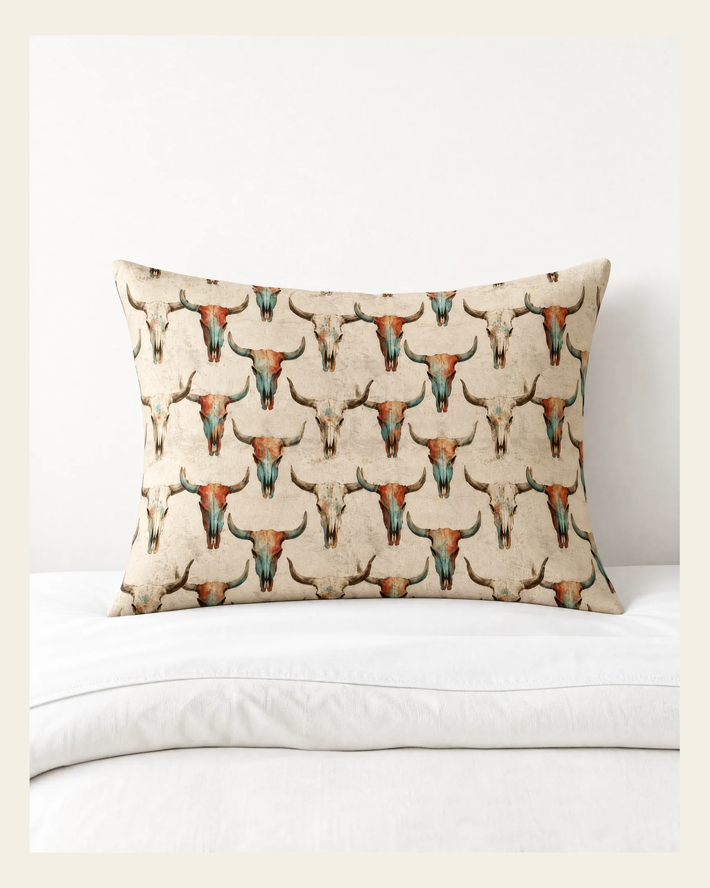 Baha Ranch Bull Skulls Pillow Case Made in America on a warm cream background
