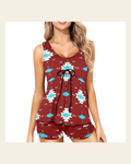 Baha Ranch Burgandy Aztec Tankini & Boy Shorts Swim Set on a warm cream background
