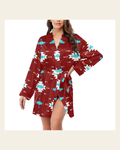 Baha Ranch Burgandy Aztec Women's Belted Satin Feel Dressing Lounge Robe on a warm cream background