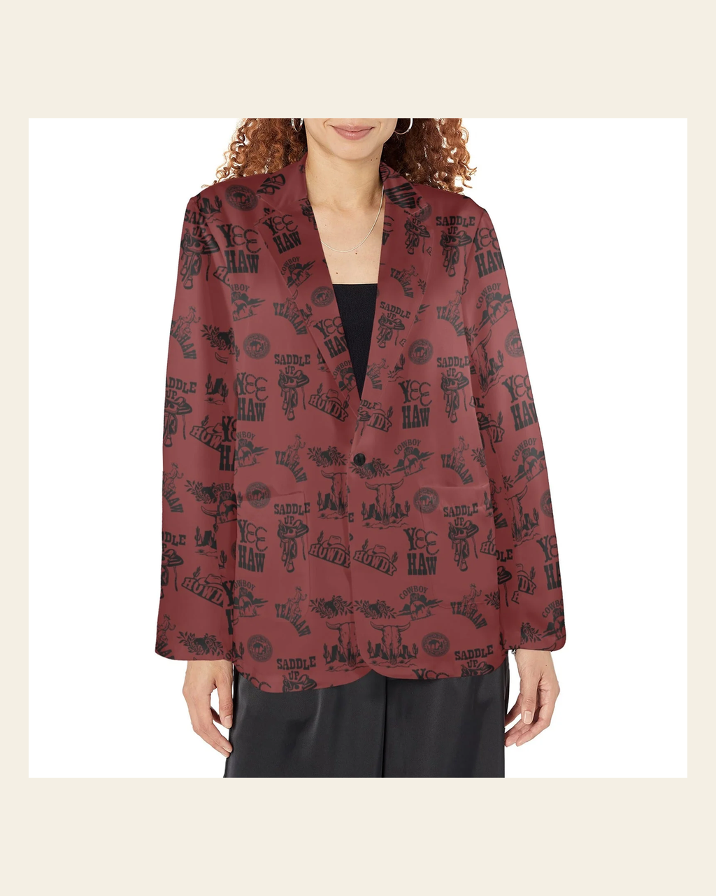 Baha Ranch Burgandy Cowboy Women's Western Blazer on a warm cream background