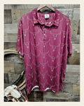 Baha Ranch Burgandy Longhorn Men's Western Polo Shirt on a warm cream background