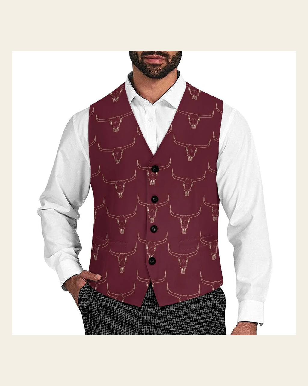 Baha Ranch Burgandy Longhorn Men's Western Vest on a warm cream background